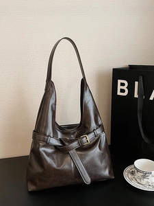 Vintage PU Leather Large Capacity Tote Bag For Women Retro Hobo Shoulder Bag With Belt Buckle Commuter Underarm Work Bag