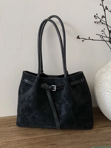 Large black suede tote bag with leather straps for women, minimalist vintage style