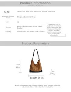 Size chart showing 35x10x27cm dimensions and capacity for the suede crossbody tote bag