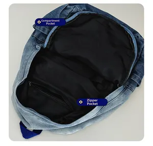 Interior view of denim backpack showing the compartment and zipper pocket detail