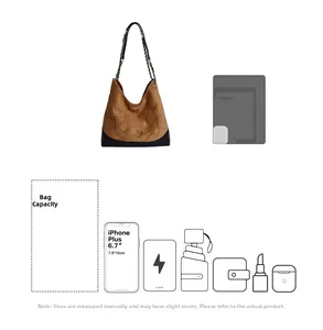 Capacity detail of suede tote bag showing storage for iPad, phone, and daily essentials