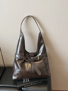 Deep brown matte faux leather hobo bag with adjustable belt buckle for women