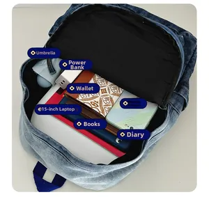 Spacious blue denim backpack interior showing storage for a 15-inch laptop and daily items