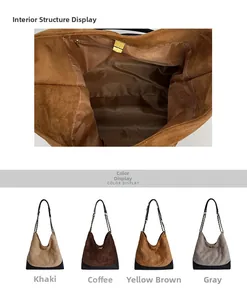 Detailed view of suede tote bag interior structure and multi-color variety options
