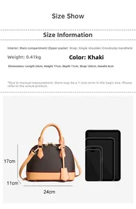 Tableau des tailles détaillé pour le sac à main kaki avec poche intérieure et sangles
