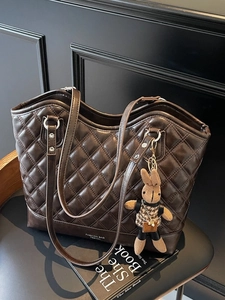 Women Large Capacity Quilted Rhombic Tote Bag PU Leather Shoulder Bag With Rabbit Pendant Elegant Commuter Casual Handbag