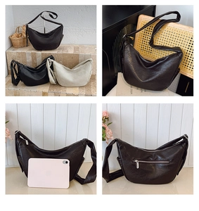 Detailed comparison of textured PU leather crescent bags in brown, black, and beige colors