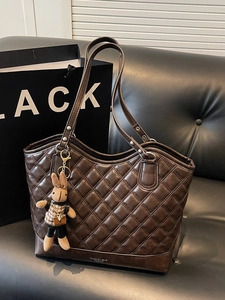 Retro large capacity coffee brown quilted tote bag with a cute plush bunny charm