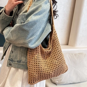 Women Large Capacity Hollow Out Crochet Woven Shoulder Bag Polyester Beach Tote Bag Khaki Cream Lazy Style Shopping Bag
