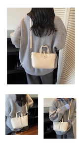 Minimalist beige pebble leather handbag shown in different angles on a model
