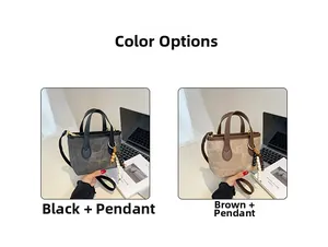 Comparison of brown and black retro bucket bags with wooden bead charms and shoulder straps