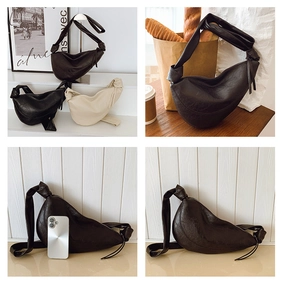 Detailed comparison of coffee and beige leather dumpling bags with knot shoulder strap detail