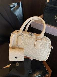 Sac à Main Boston pour Femmes Texture Tissée Ensemble en Similicuir PU Avec Mini Pochette Charme Retro Sac à Bandoulière