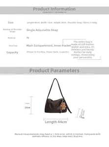 Detailed size chart for the dark brown vintage tote bag with dimensions 44x13x20cm