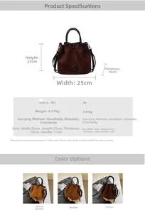 Detailed specs of the vintage drawstring suede bucket bag with adjustable strap