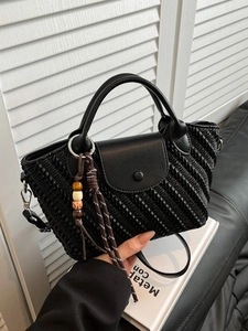 Women Retro PU Leather Woven Handbag With Beaded Tassel Decor Shell Shape Crossbody Shoulder Bag Vintage Top Handle Purse