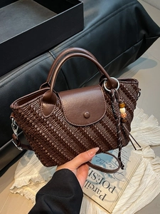 Vintage dark brown woven handbag with retro pleated leather and wooden bead pendant