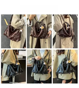 Detailed views of vintage large capacity leather tote and backpack with contrast stitching