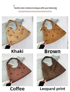 Collage of suede tote bags with hollow floral pattern in khaki, brown, and leopard print