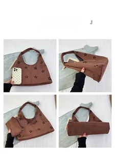 Detail of dark brown faux suede tote bag featuring laser-cut floral patterns and inner pouch