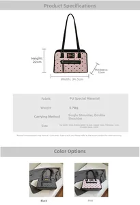 Detailed size specifications and color options for the stylish large capacity shoulder bag