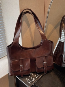 Retro dark brown underarm bag with double utility pockets and silver buckles