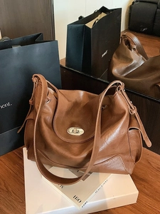 Vintage Large Capacity PU Leather Tote Bag For Women Casual Commuter Shoulder Bag With Metal Twist Lock Multi Pocket Handbag
