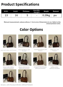 Cuadro de tallas detallado y opciones de color para bolsos de cuero PU leopardo patchwork