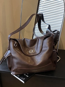 Retro dark brown large capacity faux leather tote bag with vintage metal twist lock