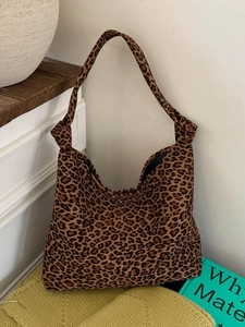 Grande borsa tote in tela con stampa leopardata in stile vintage per donne e ufficio