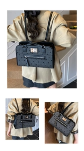 Close-up of polka dot backpack with metallic logo plate and adjustable leather straps