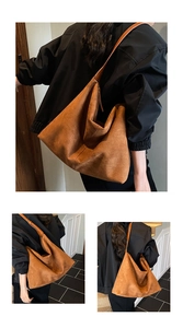 Three views showing a large dark brown suede tote bag worn as a shoulder and underarm bag