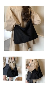 Detail of minimalist black faux suede tote bag with slim shoulder straps and matte finish