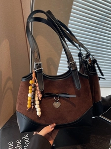 Retro leopard patchwork tote bag with bead charms and bow detail for women's office wear