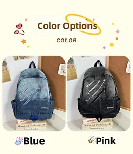 Close-up of stylish gradient denim backpacks with diagonal zippers and brand logo