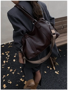Deep brown large PU leather tote bag with retro woven shoulder strap for autumn fashion
