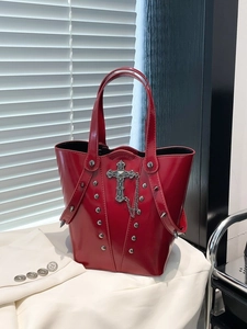 Vintage Gothic Punk Rivet Bucket Bag For Women Y2K Cross Pendant Shiny PU Leather Handbag Street Fashion Tote Shoulder Bag