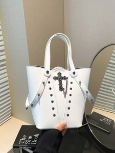 White punk bucket bag with metal cross and rivets, Y2K aesthetic gothic tote handbag
