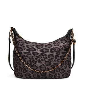 Chic grey leopard print crescent tote bag with chain strap and large capacity
