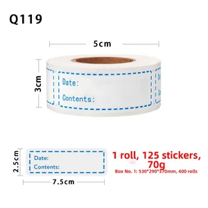 Macro detail of kitchen food labels featuring date and contents sections on a roll