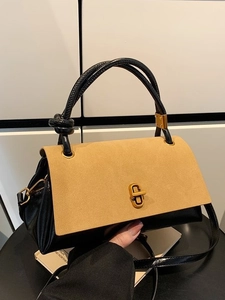 Borsa a Tracolla da Donna in PU Scamosciato a Contrasto con Chiusura a Scatto in Oro Retrò Manico Superiore Piccola Borsa a Mano