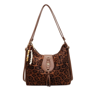 Sac à bandoulière léopard avec bordure en cuir marron et boucle fleur dorée