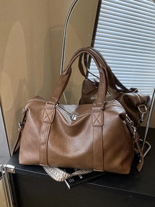 Brown large capacity PU leather handbag with woven wide shoulder strap for travel