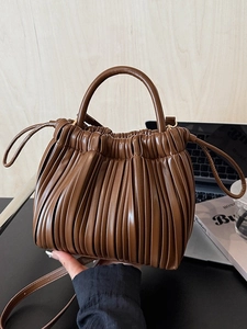 Borsa a Secchiello Plissettata da Donna in Pelle PU Tinta Unita Borsa a Spalla di Moda Con Manico Borsa a Tracolla per Uso Quotidiano
