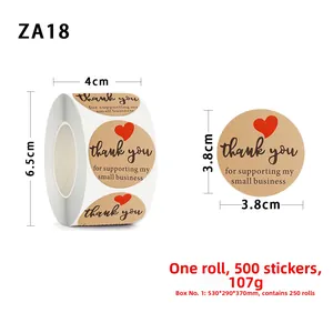 Macro shot of 1.5 inch brown kraft paper Thank You stickers roll with red heart and black font