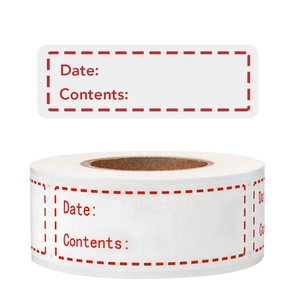 Roll of food storage labels with red border for tracking dates and contents in the kitchen