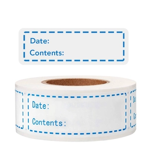 Self-adhesive kitchen food labels on a roll with date and content fields for organization