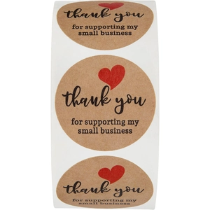 Natural Kraft Paper Thank You Stickers With Red Heart Round Adhesive Labels For Small Business Baking Gift Packaging