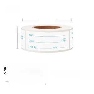 Detail of 500 self-adhesive food storage labels on a roll with date and item fields