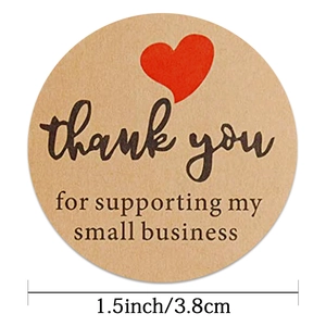 1.5 inch round kraft paper stickers with red heart and thank you message for businesses